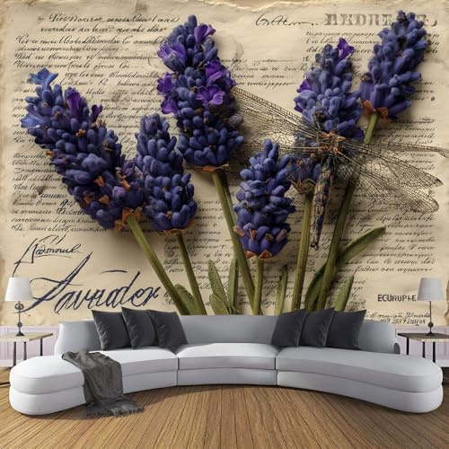 Fototapete Vintage Alte Französische Zeitungen Motivtapeten Tapete Lavendel Blumen Tapeten Vliestapete Modern Wandtapete Wohnzimmer Schlafzimmer Tapete Wanddeko 250×175cm(W×H)