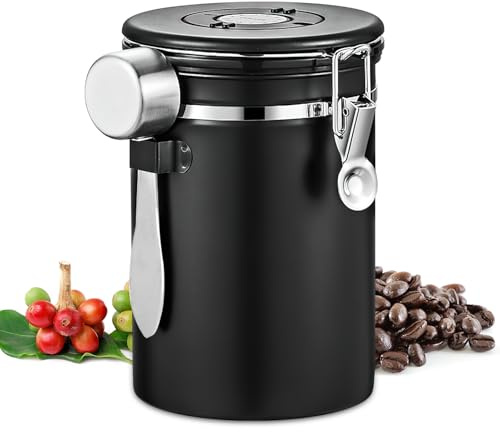 Ausune Airtight Coffee Bean Storage, 1.8L/60oz Large Coffee Container, Stainless Steel Canister with Measuring Spoon, Date Tracker Ideal for Tea Sugar and Grains, Black
