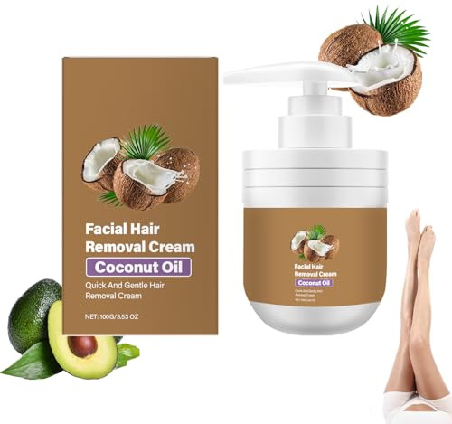 Coconut Oil Facial Hair Removal Cream, Moisturizing & Soothing, Gentle Quick Effective Painless for Smooth Skin, Non-Irritation for Chin Face and Body, For All Skin Types (1pcs)