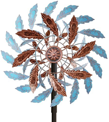 Metall Windrad Garten, Leichter Aufbau Windskulptur Spinner mit Metallpfahl, Gartenstecker Windmühle Windspiel Gartendeko für Protect Garten Obstgarten Hof (Blau + Braun)