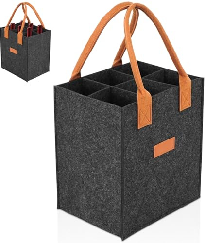 ​​Porte-Bouteilles Feutre avec 6 Compartiments, Sac Bouteille Fourre-Tout Pliable Réutilisable, Panier Rangement Boissons Consignées pour Vin Bière Courses Pique-Nique Camping Shopping (Gris Foncé)​