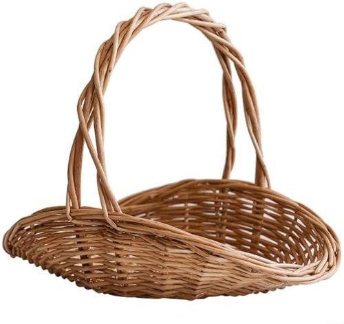 Sandyseptember Geflochtener Rattankorb, mit Griff, handgefertigter ovaler Korb, für Picknicks, Blumendekoration und Heimdekoration, stabiler Naturbrauner Korb (groß)