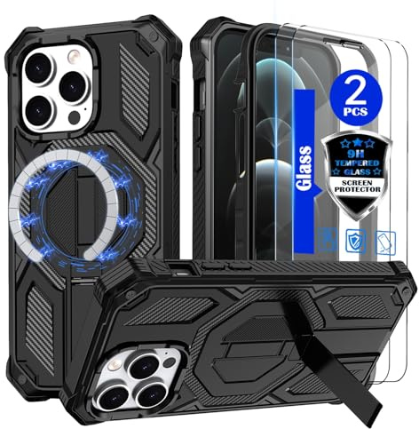 YmhxcY for iPhone 12 Pro Max Case，Compatible with MagSafe[With 2 pieces of tempered glass screen protector] With concealed metal bracket，Heavy-Duty Shockproof Rugged Case，6.7 inch(Black)