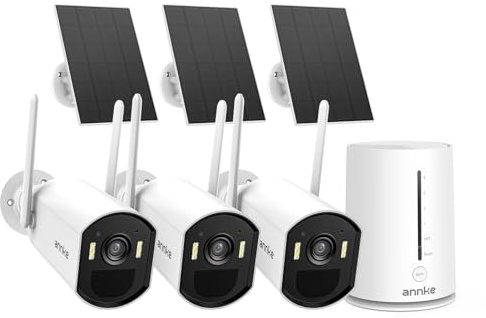 ANNKE 2.5K Überwachungskamera Aussen Solar Akku Set, 3er-Set mit Home Hub, 64G Lokale, ohne ABO, Solar Kamera WLAN Outdoor mit Bewegungsmelder, FarbNachtsicht, 2 Wege Audio, 5G & 2.4G WLAN