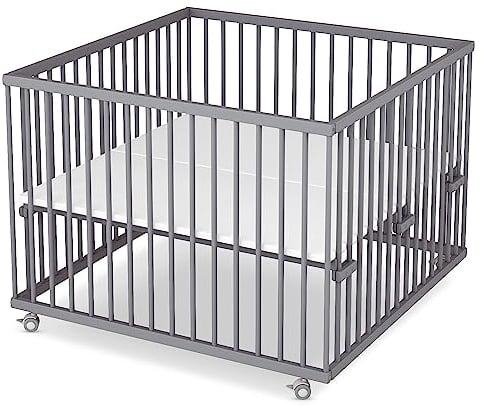 Sämann Laufstall Baby 100x100 cm | TÜV geprüft 2023 | stufenlos höhenverstellbar | Laufgitter Premium | Babybett aus Holz | Krabbelgitter Komplettset grau