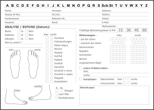 100 Karteikarten für Fußpflege Pediküre mit Analyse, Kundenkarten KK03, KEINE KLAPPKARTEN