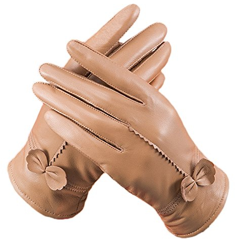 Butterme Luxury Ladies weichen Schaffell Lederhandschuhe mit Bowknot-Stich-Entwurf Fleece Futter PU Leder Fäustlinge Kamel,M,Kamel