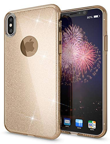 NALIA Purpurina Funda Compatible con iPhone X XS, Carcasa Protectora Movil Silicona Ultra-Fina Glitter Gel Bumper, Lentejuela Cubierta Delgado Back-Cover Slim Smart-Phone Case, Color:Gold Oro