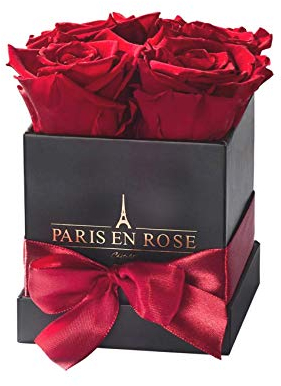 PARIS EN ROSE Rosenbox | mit Vier Bordeaux-roten Infinity Rosen Größe XL | konservierte ewige Rose | eckige Schwarze Box mit Band | 3 Jahre haltbar