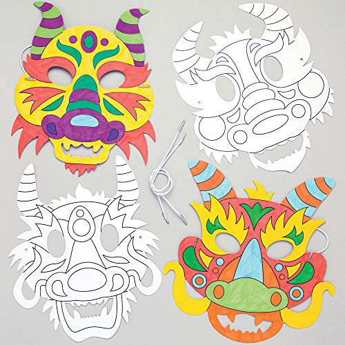 Baker Ross Masques de dragons à colorier (Lot de 8) - Loisirs créatifs pour enfants sur le thème du Nouvel An chinois