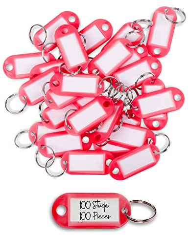 WINTEX Porte Clé Etiquette - 100 pièces - Porte Cle avec Etiquettes en Plastique Résistant - Porte Clef Colorés pour Organisation Voyages Animaux Domestiques - Rouge
