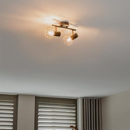 QAZQA - Design Spot I Spotlight I Deckenspot I Deckenstrahler I Strahler I Lampe I Leuchte schwarz mit Gold I Messing 2-flammig-Licht - Mesh I Wohnzimmer I Schlafzimmer - Stahl Rund - LED geeignet E14