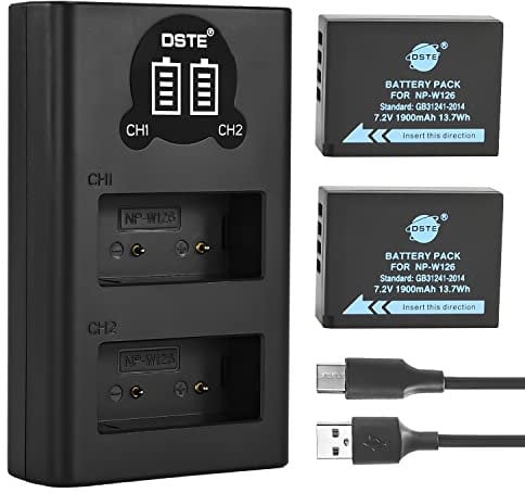 DSTE NP-W126 NP-W126S Batterie Rechargeable (Paquet de 2) et Chargeur Double USB Smart LED Compatible avec Fuji Finepix HS30EXR HS33EXR HS50EXR X-A1 X-E1 X-T10 X-A2 X-H1