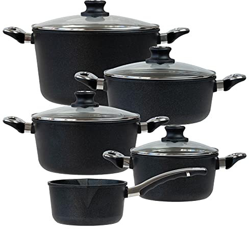 BAF beschichtetes Aluguss Topfset Induktion 9-teilig Bratentopf 20 cm + 24 cm, Kochtopf 24 cm, Gemüsetopf 28 cm & Stieltopf 18 cm