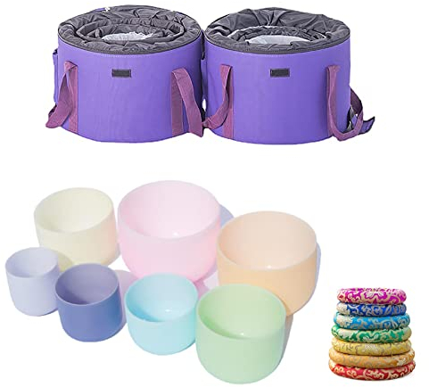 Ensemble de bol en cristal- Série Hazy, 6- 12 pouces Ensemble de 7 pcs, 2 pcs portant sac de boîtier + 7* Couleur de maillet+ 7* Coussin de brocart de soie, cadeau for la méditation de yoga zen