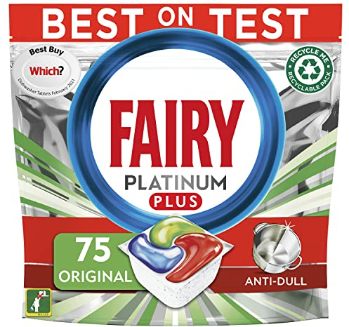 Fairy Platinum Plus - Tabletas todo en uno para lavavajillas, regulares, 75 tabletas, nuestra mejor limpieza para una limpieza como nueva, elimina la opacidad y evita la cal