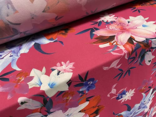 Tissu en mousseline de soie imprimée, vendu au mètre – Imprimé fleurs de lys – Cerise et bleu