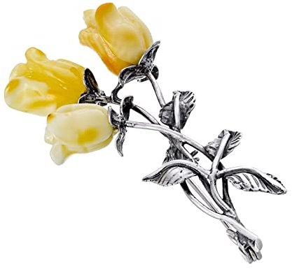 AMBEDORA Broche en argent sterling 925 ambre baltique lait roses jaunes cadeau pour les dames