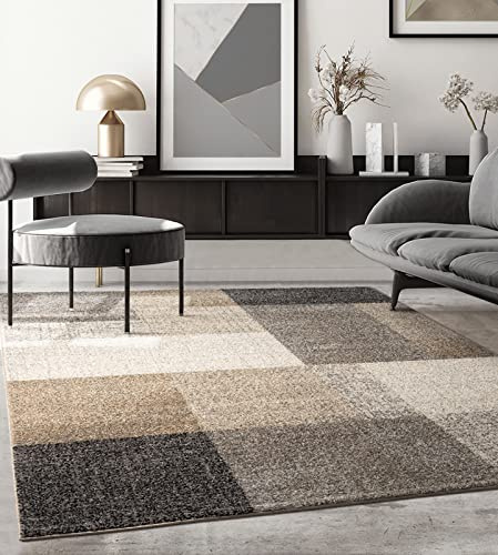 the carpet Pearl Moderner Dichter Kurzflor Wohnzimmer Schlafzimmer Teppich, Konturenschnitt, Geometrische Muster, Kariert, Beige, 160 x 220 cm