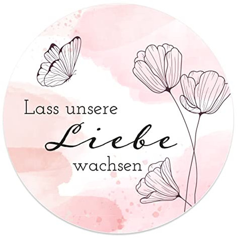 Lass unsere Liebe wachsen Aufkleber rund 4,5 cm - Hochzeit Sticker ideal für Blumensamen Gastgeschenk in vielen verschiedenen Designs (80x Stück, Schmetterling)