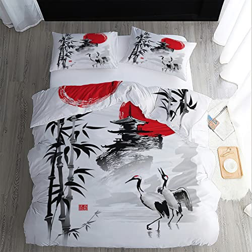WQIZXCW Housse de Couette 220x240 Style Japonais - Parure de Lit 2 Personnes Asiatique Grue Bambou avec Fermeture Éclair, 2 Taies d'oreiller 65x65 cm, 100% Microfibre