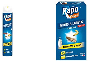 Tous Insectes Multi-Usages 500ml KAPO Expert & Cassettes Mites et Larves - 2x - Fourrures, Tissus - Diffusion Permanente - Odeur Géraniol- Ne Tache Pas - Intérieur