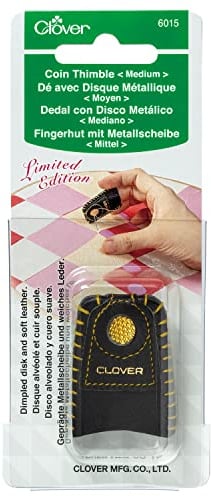 Clover Coin, Gold Brass Disk, Soft Black Leather, Sewing Needle, Quilting Thimble, Medium