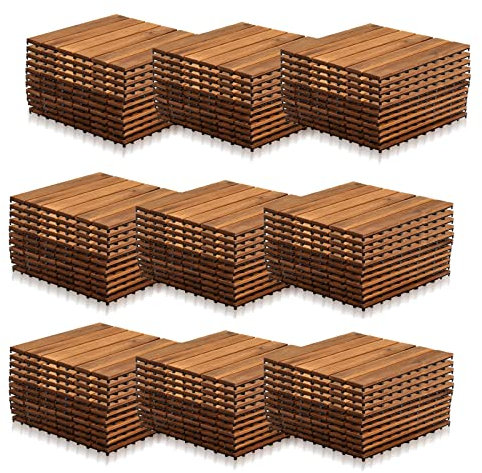Yakimz Holzfliesen 99er| aus Akazien Holz| 30 × 30cm| 1 m² pro bodenfliesen|Outdoor & Indoor Bodenbelag Balkon mit Drainagensystem & Klicksystem, Braun