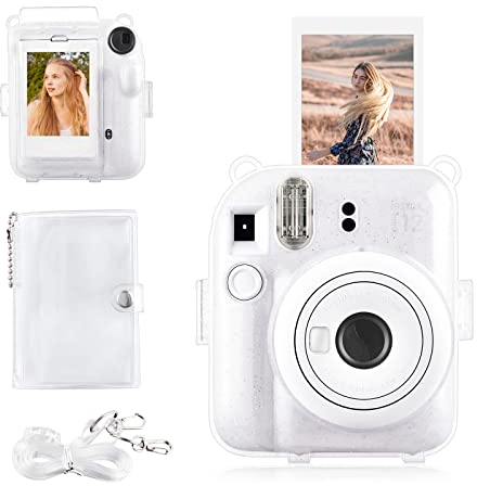 Rieibi Instax Mini 12 Tasche – Glitzerhülle für Fujifilm Instax Mini 12 Sofortbildkamera mit Fototasche auf der Rückseite, transparentem Schultergurt und Mini-Fotoalbum - Glitzer Klar