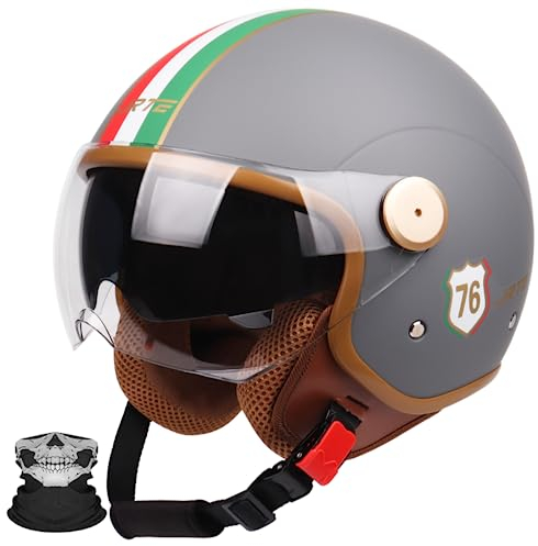 3/4 Motorcycle Helmet Open Face Helmet Motorcycle Half Helmet with Sun Visor Retro Vintage Style Vespa Jet Helmet for Men Women Motorbike Crash Helmet DOT/ECE Approved J,Large(60-61CM)
