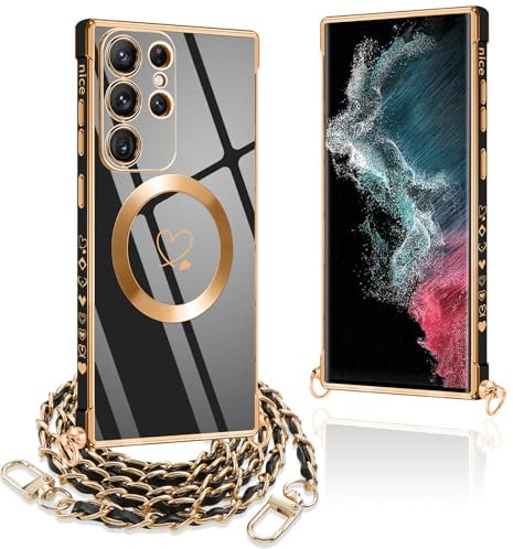 Pnakqil Coque Magnétique pour Samsung Galaxy S22 Ultra 5G Con Cordon, Compatible avec MagSafe, Silicone Housse avec Motif Coeur d'amour Collier Lanyard, pour Samsung S22 Ultra, Chaine-Noir Or