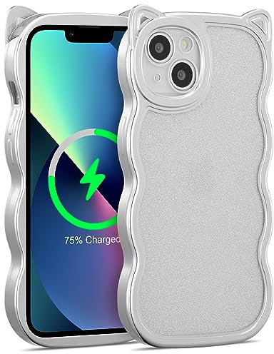ZCDAYE Hülle für iPhone 13, Süße Katzenohren TPU Case Stabile iPhone 13 Handyhülle Schutzhülle Funkelnde Handytasche für iPhone 13 (6.1 inches), Silber