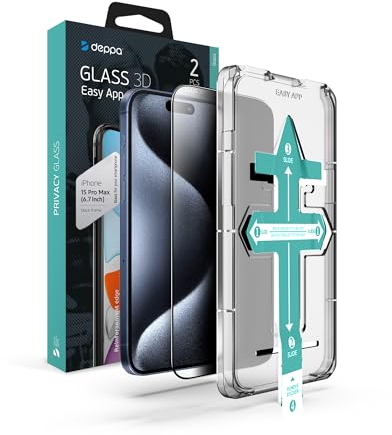 Deppa |2 Stück| Sichtschutz für iPhone 15 Pro Max (6.7') Schutzfolie mit Schablone | 9H Stoßfest | Vollständige Abdeckung | Blasenfreie, einfache Installation| Privacy