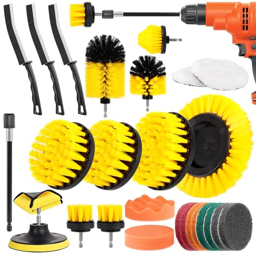 AMZJMT 27-Stück Bürstenaufsatz Bohrmaschine Set, Reinigungsbürste elektrisch, Felgenbürste Kit für Bohrmaschinen, Felgen, Fugen & Ecken, bürstet für Küche, Bad & Auto,Gelb