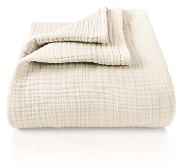 LAYNENBURG Premium Musselin Tagesdecke 150x200 cm - 100% Baumwolle - extraweiche, leichte Sommerdecke als Kuscheldecke, Bett-Überwurf, Baumwolldecke, Couch-Überwurf - warme Sofa-Decke (Ivory-Creme)