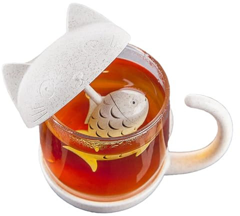 Uitseld Cat Mug | Cute Cat Tea Infuser Mug, Tea Cup with Infuser and Lid, Cartoon Cat Glass Mug for Hot and Cold Beverages