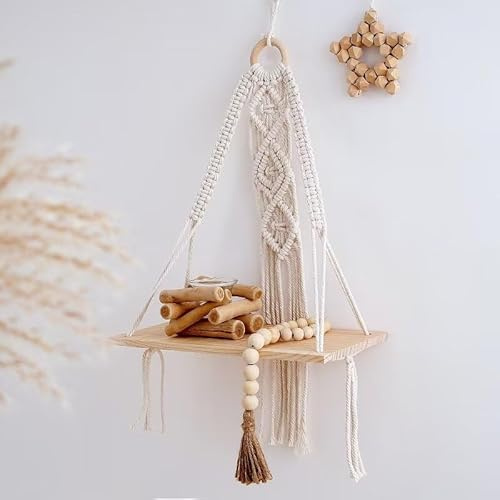 Makramee-Hängeregal, 1 Etage, Boho-Hängeregal, Wanddekoration für Wohnzimmer, Schlafzimmer, handgefertigtes Schweberegal aus Holz mit gewebtem Seil, böhmisches Aufbewahrungsregal für Fotobücher
