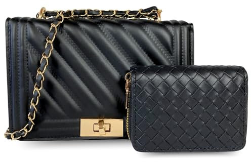 sea tear – Sac a main femme élégant noir avec chaîne réglable deux hauteurs, porte-monnaie assorti et détails dorés sophistiqués | Petit sac bandoulière idéal pour soirée, quotidien et cadeau