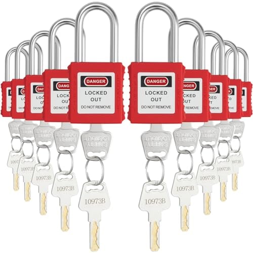 VEVOR Juego de Cerraduras de Bloqueo y Etiquetado, 10 Candados de Seguridad Rojos, 2 Llaves por Cerradura, Cerraduras de Bloqueo Compatibles, Kits de Etiquetas de Bloqueo Eléctrico 42 x 20 x 88 mm
