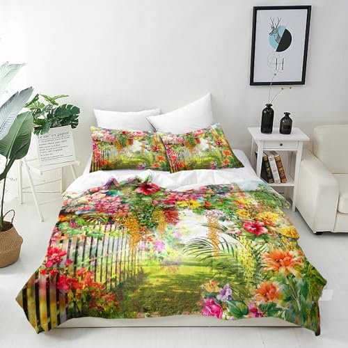 ANHOPE Aquarell Florale Blume Blatt Bettwäsche Set Weich Microfaser Bettbezüge mit Reißverschluss 3 Teilig Bettbezug 155x220 cm & 2 Kissenbezug 80x80 cm Bettdeckenbezug Set für Kinder Mädchen