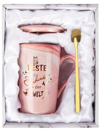 Belillpipi Schwester Geschenk, Tasse Schwester mit Löffel, Deckel, Geschenkbox, Weihnachtsgeschenke, Geburtstagsgeschenk für Große Schwester, Geschenkideen Schwester, Geschenke Geburtstag, Rosa