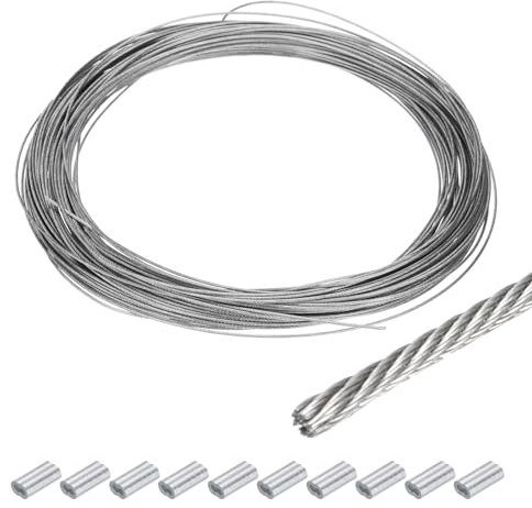 QUARKZMAN 100Ft(30M) Filo Fune 304 Acciaio Inox Cavo 3/64(1mm) Vinile Rivestito con 10pz Alluminio Manicotti per Gruccia Appendiabiti Sollevamento Argento Tono