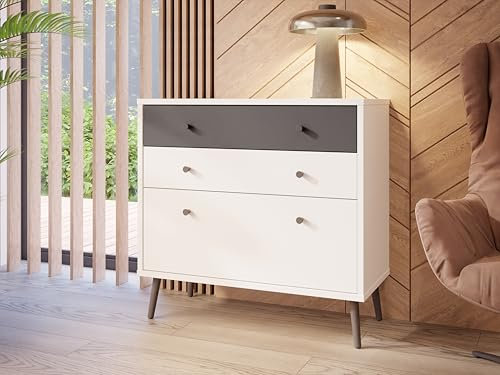Forte Harllson, einfache Montage Dank EasyKlix Kommode Weiß mit Uni Wolfram Grau, Sideboard mit 3 Schubladen, hohe Holzfüße, skandinavischer Stil, Retro 90 cm breit x 86 cm hoch x 41 cm tief