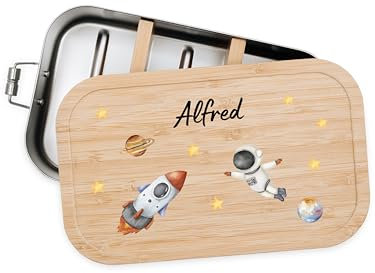 Bärenfreunde® - Personalisierte Brotdose für Kinder mit Spezial-Druck - Robuste Edelstahl Brotdose - Personalisierte Geschenke für Kinder & Erwachsene (Astronaut Weltall,GROSS Edelstahl)