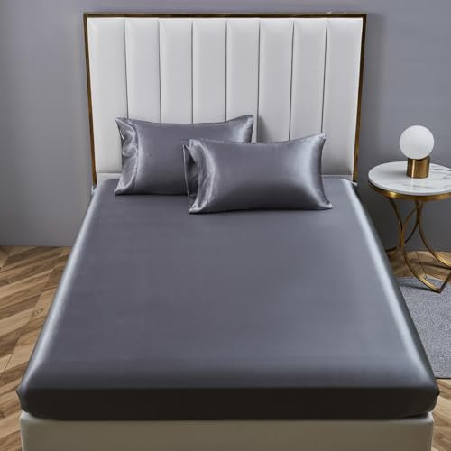 Gezu Spannbettlaken, 180 x 200 cm, Satin, Anthrazit, Grau, Mikrofaser, atmungsaktiv, seidig, hypoallergen, ohne Bügeln, elastischer Saum, robust, geeignet für Matratzen unter 30 °C