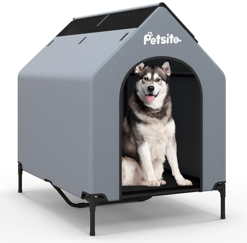 COSTWAY 2 in 1 Hundehütte & erhöhtes Hundebett, Hundeliege Outdoor, Haustierhaus mit atmungsaktivem Netzgewebe & Abnehmbarer Abdeckung, Hundehaus für mittlere Hunde, Oxford, Grau (75 x 110 x 106 cm)