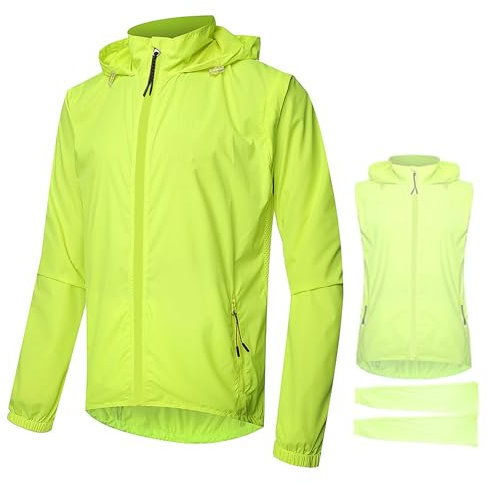 Hi Vis Waterproof Reflective Hooded Cycling Jacket with Removable Sleeves - Men's Women's Mountain Bike Jacket for Running Jogging