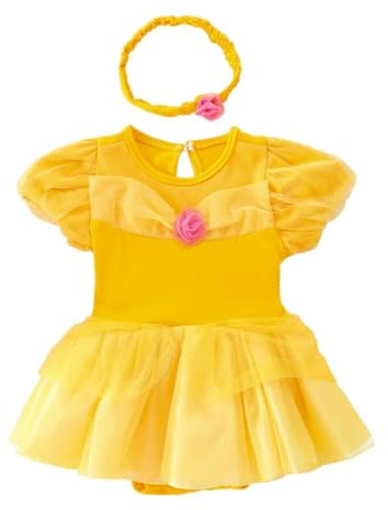 Lito Angels Vestito da Principessa Belle Pagliaccetto per Bimba Bambina, Bebè Body Tutina con Fascia, Taglia 0-3 Mesi, Giallo