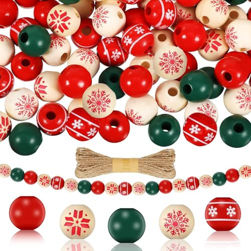 Weihnachten Holzperlen, 120pcs Bunt Holzperlen für DIY Weihnachtsbaum Dekoration & Armbänder