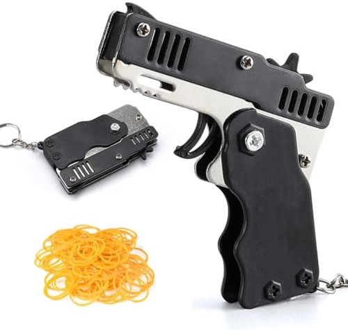 XPEX Schwarz Mini-Gummibandpistole Aus Metall Klappbar Mit Schlüsselanhänger Und 60+ Gummibändern Für Outdoor-Aktivitäten Für Kinder